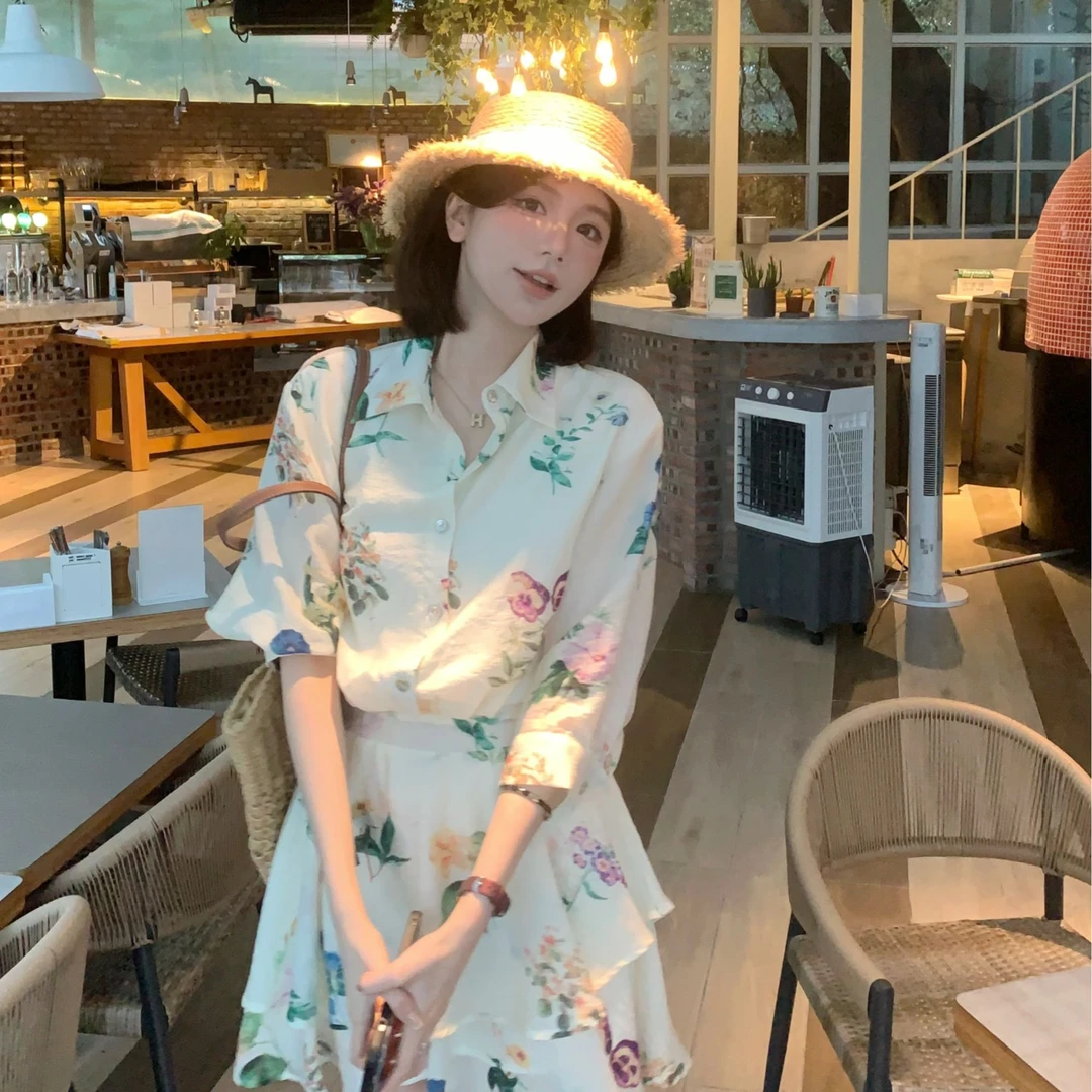 【芝士Cheese】小野夏日 夏季时尚印花水墨碎花衬衫连衣裙收腰显瘦