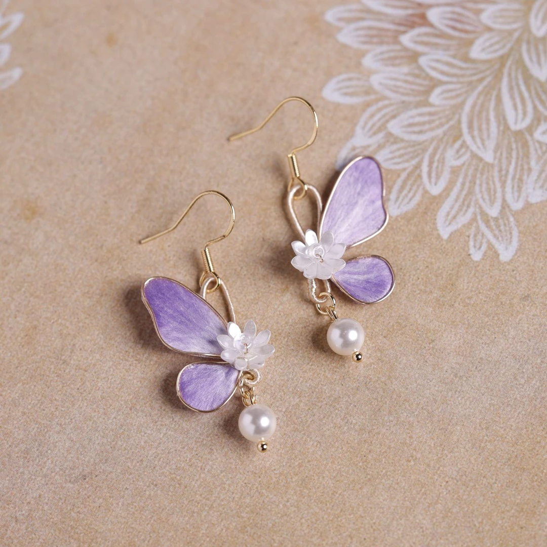 【非遗好物】古风手工绒花蝴蝶紫色耳钩耳饰汉服配饰高级感仙气