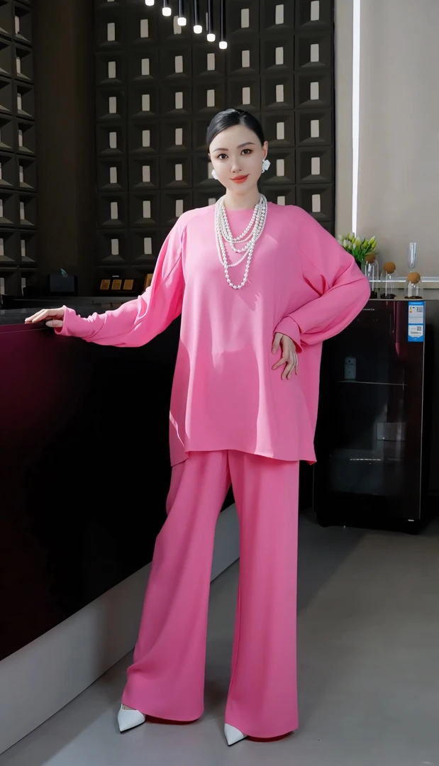 春夏新款时尚宽松显瘦气质醋酸衬衫直筒裤套装