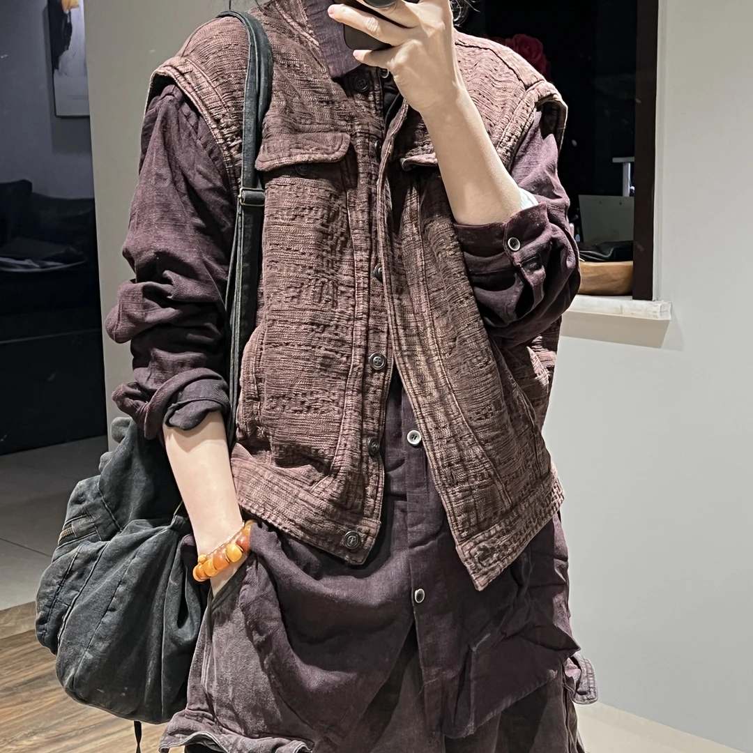 2025早春新品原创复古文艺宽松休闲百搭个性落肩立领炒色汉麻马夹