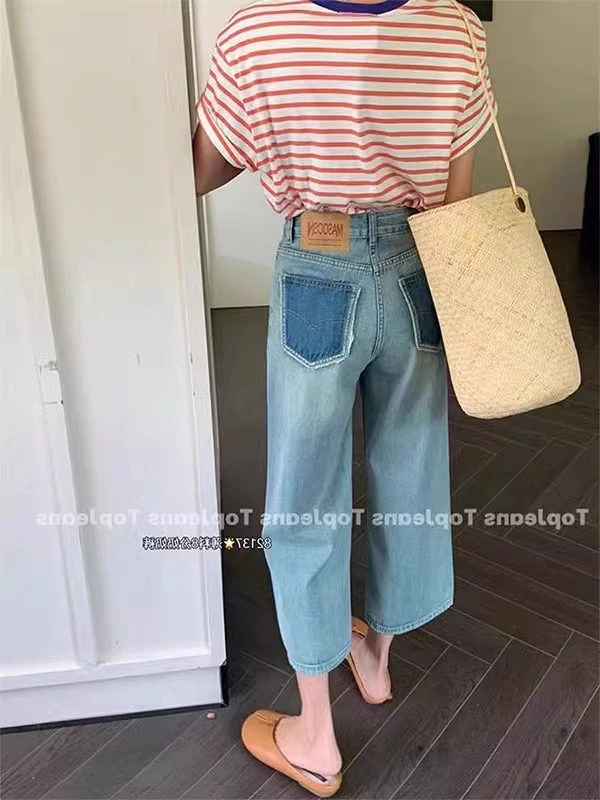 时尚百搭八分阔腿牛仔裤女春夏口袋撞色高腰宽混直筒裤ins