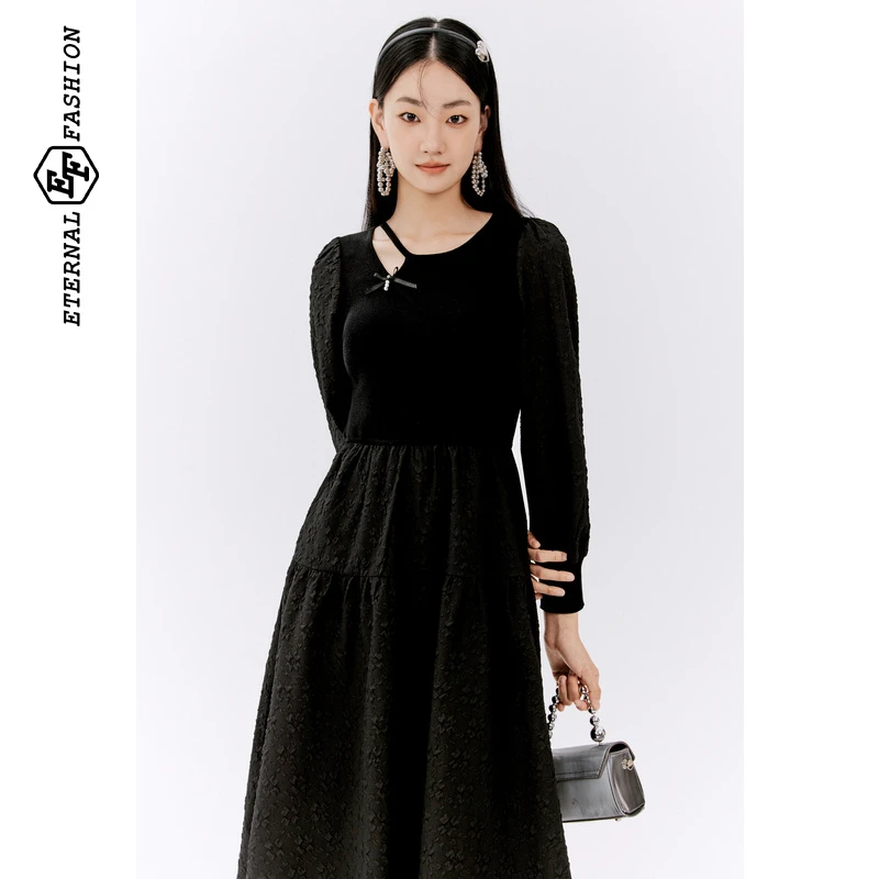 E-EF新中式小众设计感镂空时尚优雅小黑裙女1130633008Z-
