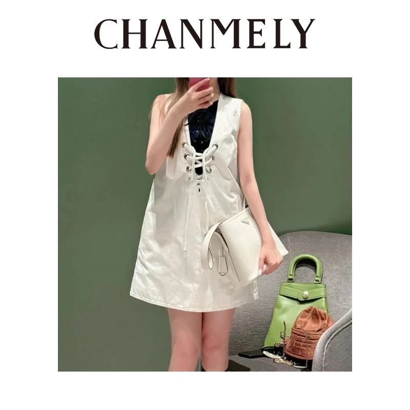 【CHANMITY】25/ss法式V领抽绳减龄宽松显瘦连衣裙025307