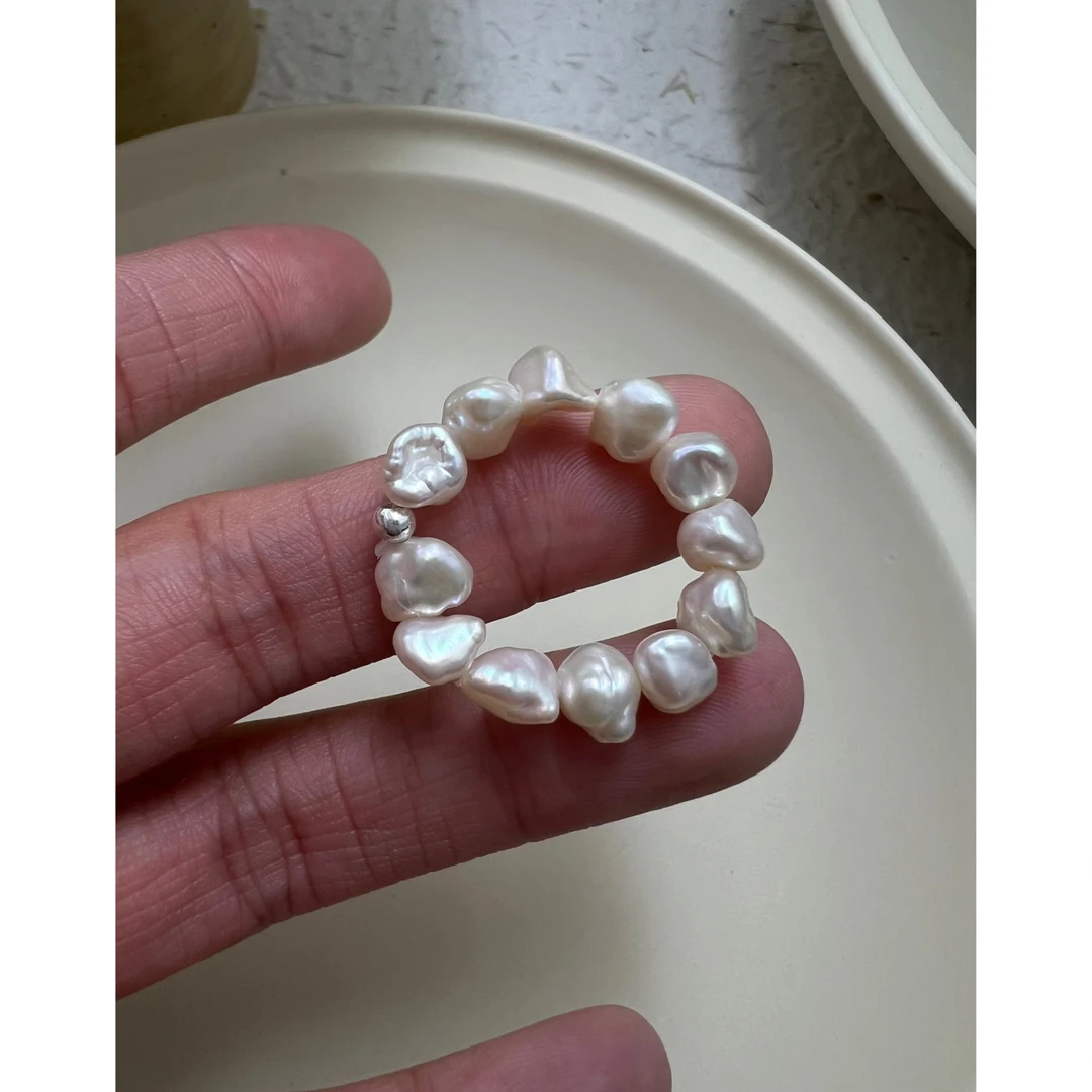 JUNMU不规则巴洛克小碎银珍珠戒指女简约复古指环弹力可调节戒圈