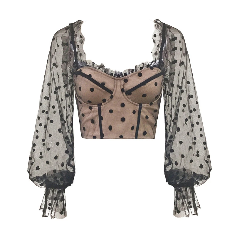 【颖三三福福款】方领长袖波点灯笼袖短款上衣