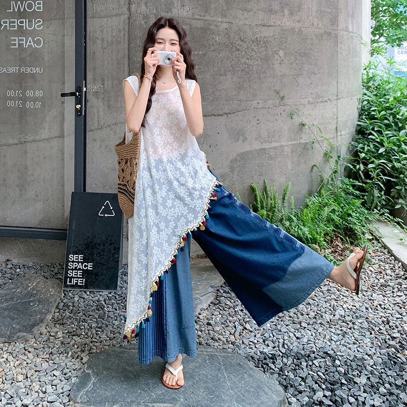 彩色流苏蕾丝罩衫套装裤女2025夏季新款休闲牛仔拼接阔腿裤两件套