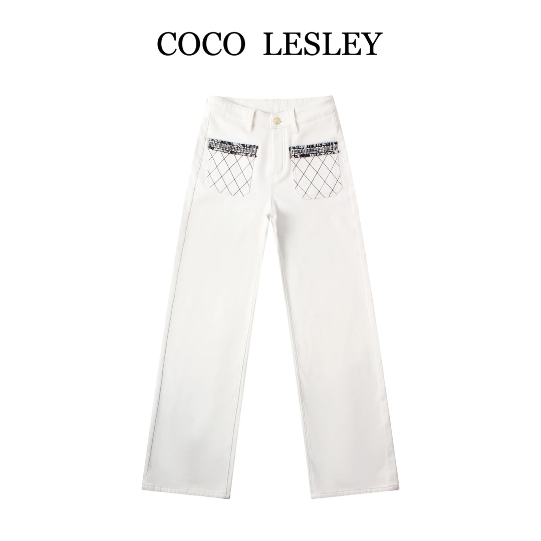 个性口袋阔腿喇叭裤白色牛仔裤子休闲女款新款LW931