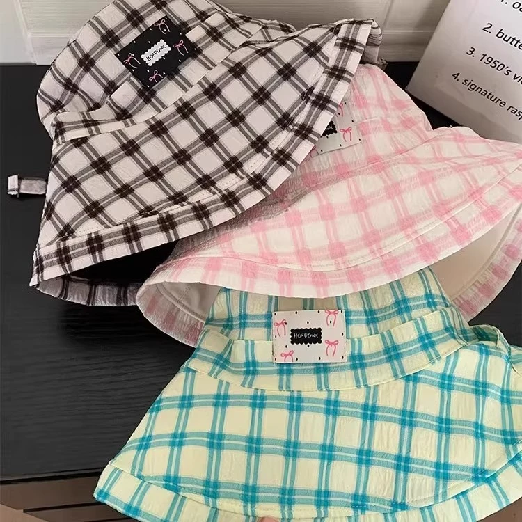 渔夫帽女千鸟格带口罩的帽子女款草帽沙滩帽大帽檐帽子编织