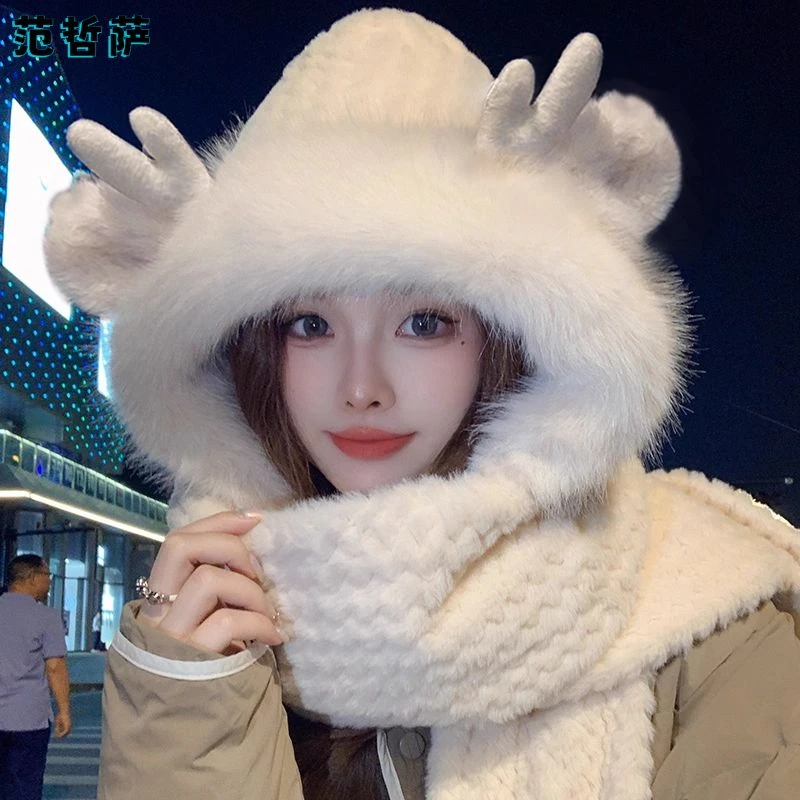 帽子围巾一体帽女2025秋冬季可爱围巾手套连帽加绒保暖围脖三件套