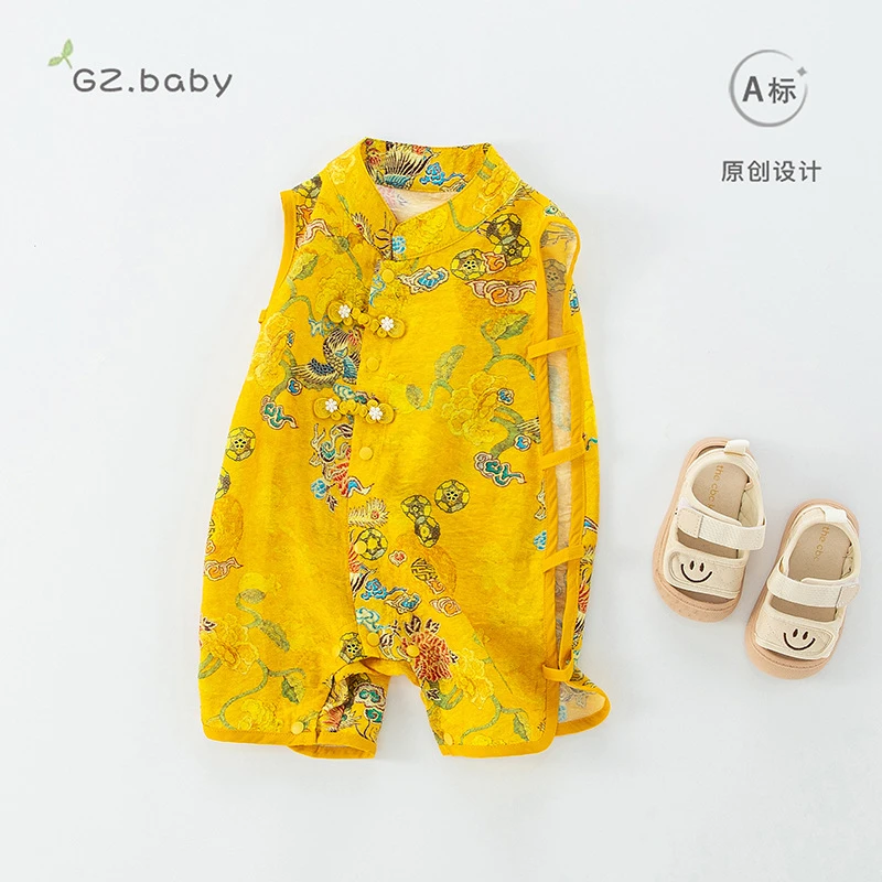 A男宝宝夏天爬服婴儿中国风琵琶服无袖连衣中式国风汉服薄款衣服