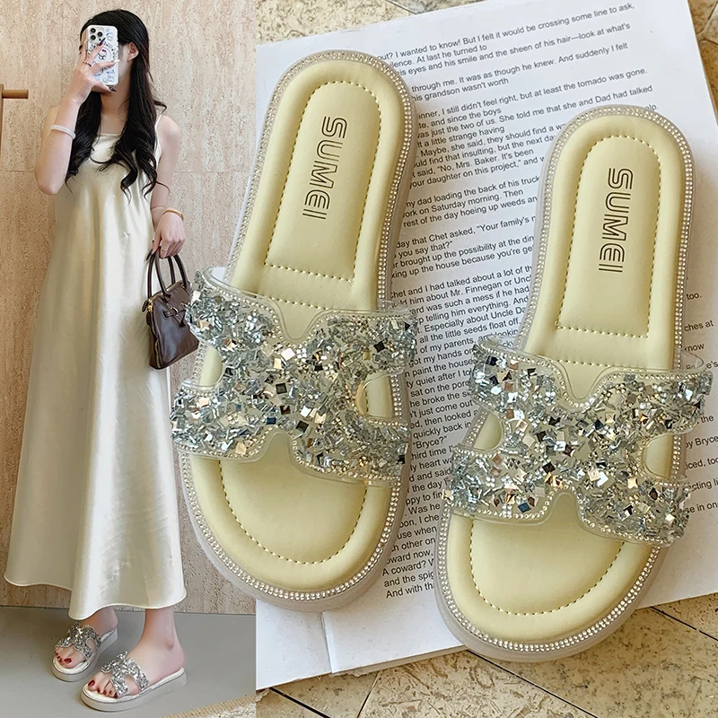 水钻凉拖鞋女夏外穿2025新款韩版时尚百搭网红平底舒适升级不磨脚