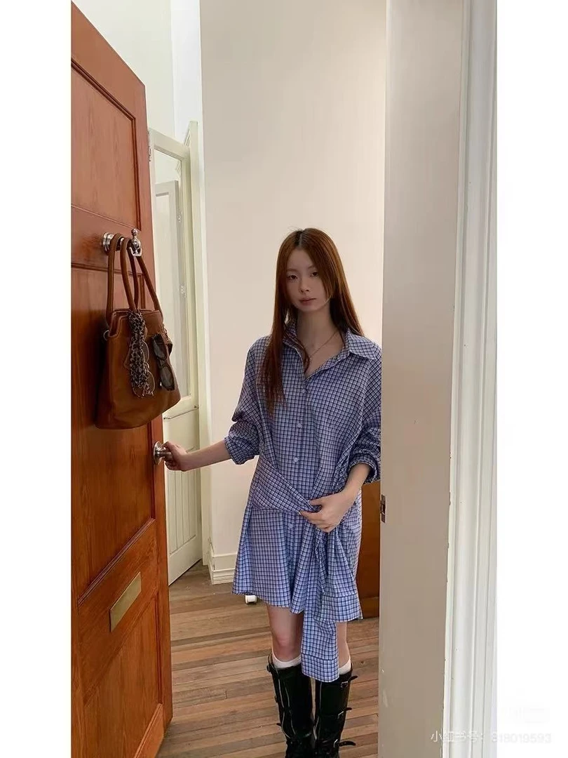 A5-2蓝色“系带格纹”长袖衬衣连衣裙