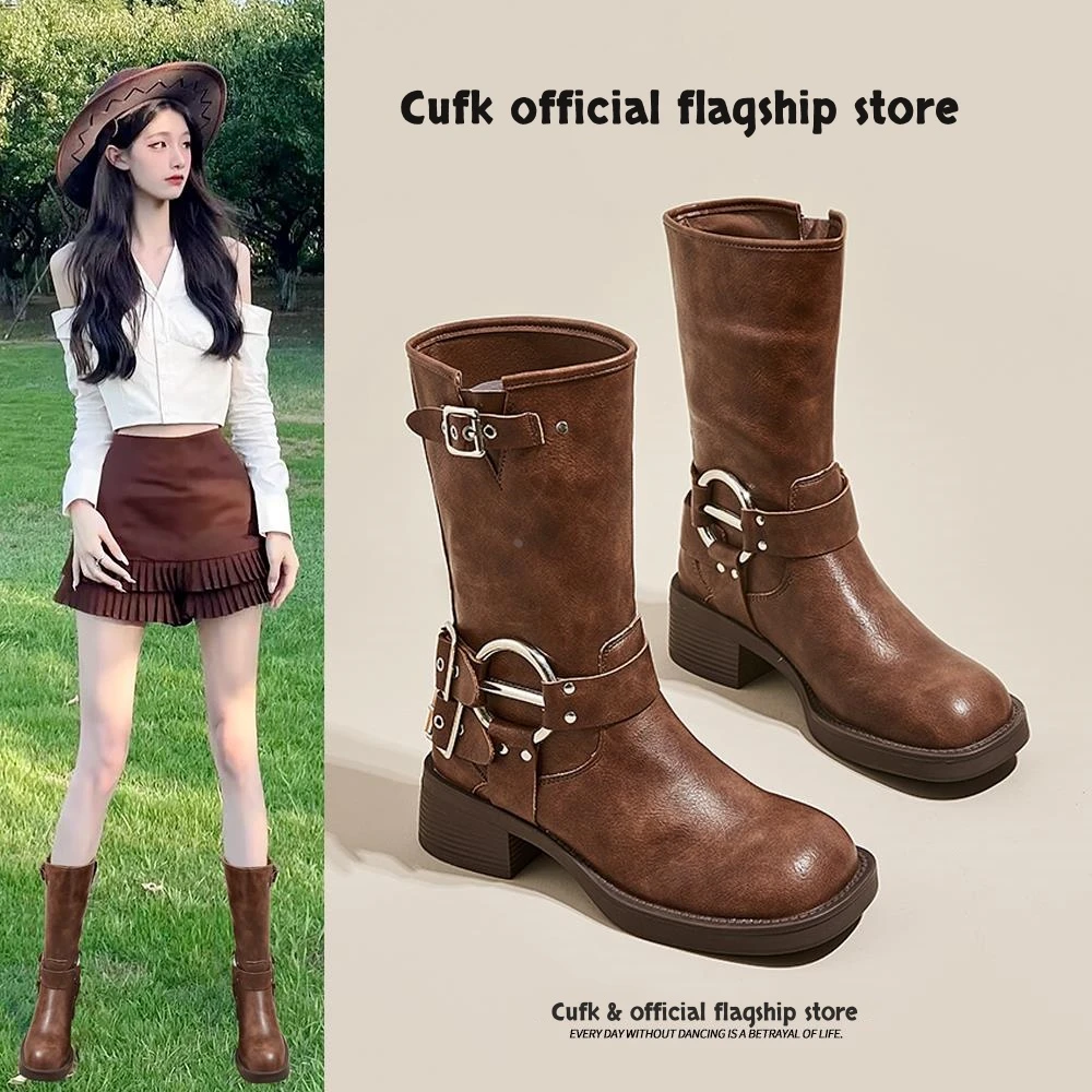 棕色西部牛仔靴女2025新款春秋复古粗跟美式马丁靴厚底宽松骑士靴