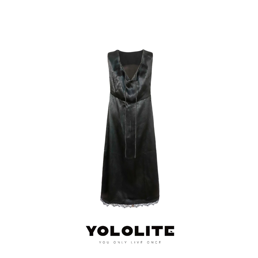 【远山黛】2787夏季新款100醋酸抽绳U领蕾丝下摆连衣裙