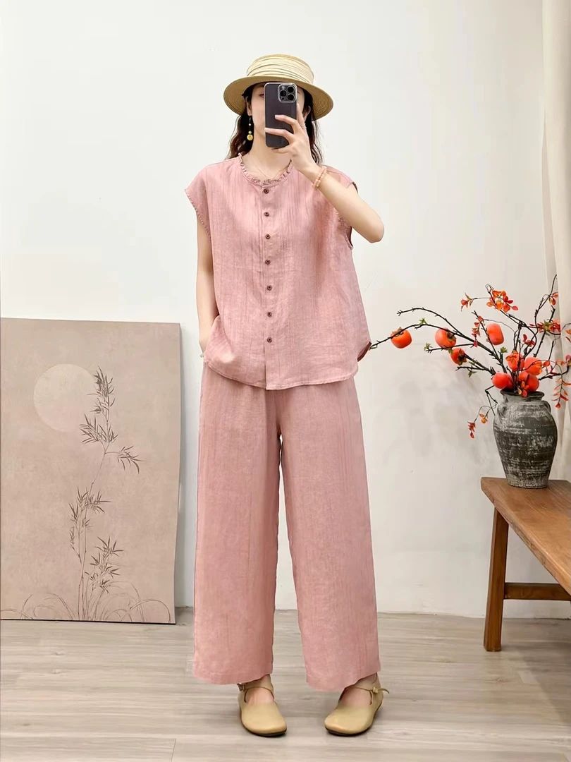 夏季新款花边领无袖宽松显瘦纯亚麻女士休闲做旧衬衫洋气衣服女