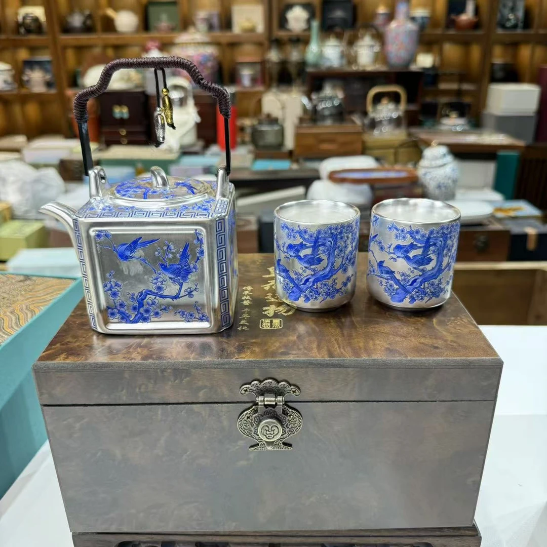 （胡子茶器）喜鹊登枝鎏银提梁茶壶套组  1483