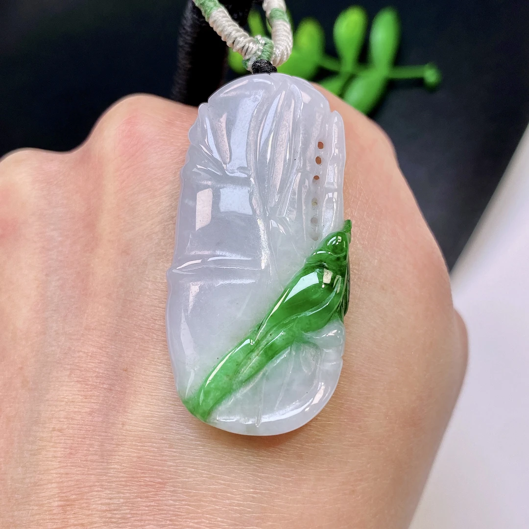 冰飘花正阳绿翡翠竹节吊坠 天然翡翠A货 节节高升45.5-22.7-7.8