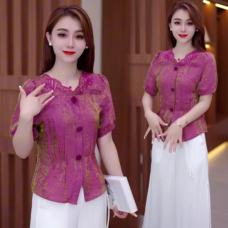 新中式女装2025夏季新款宽松洋气质提花立领短袖衬衫轻薄外搭衬衣