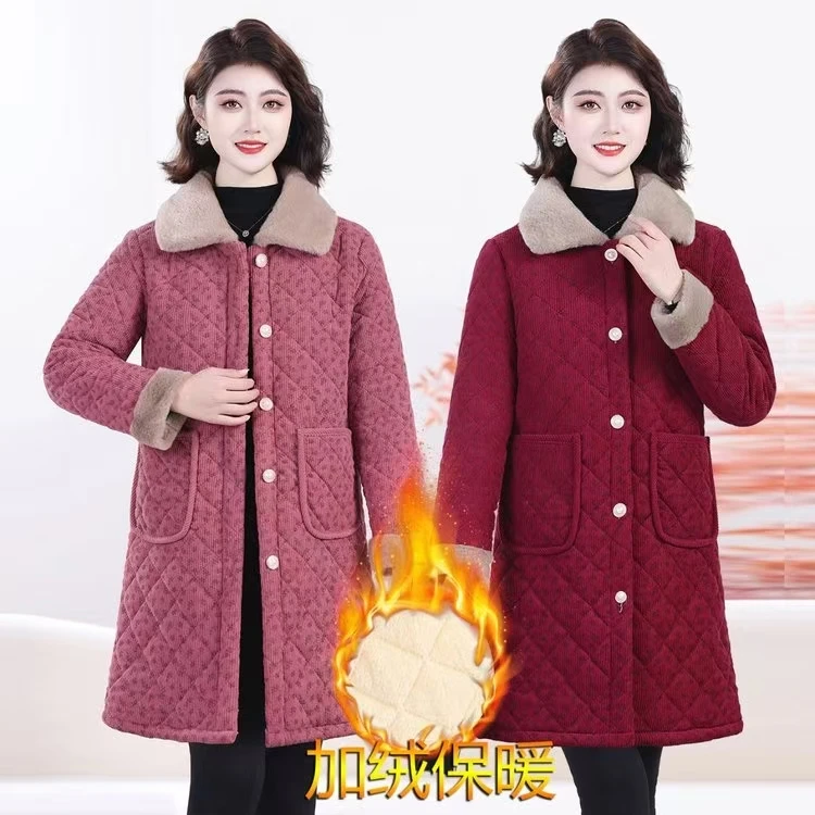冬季新款妈妈装洋气减龄棉衣外套加绒保暖毛领翻领中长款棉服棉衣