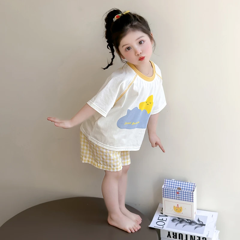 女童纯棉睡衣夏季短袖儿童透气空调服夏款可爱女孩宝宝短裤家居服