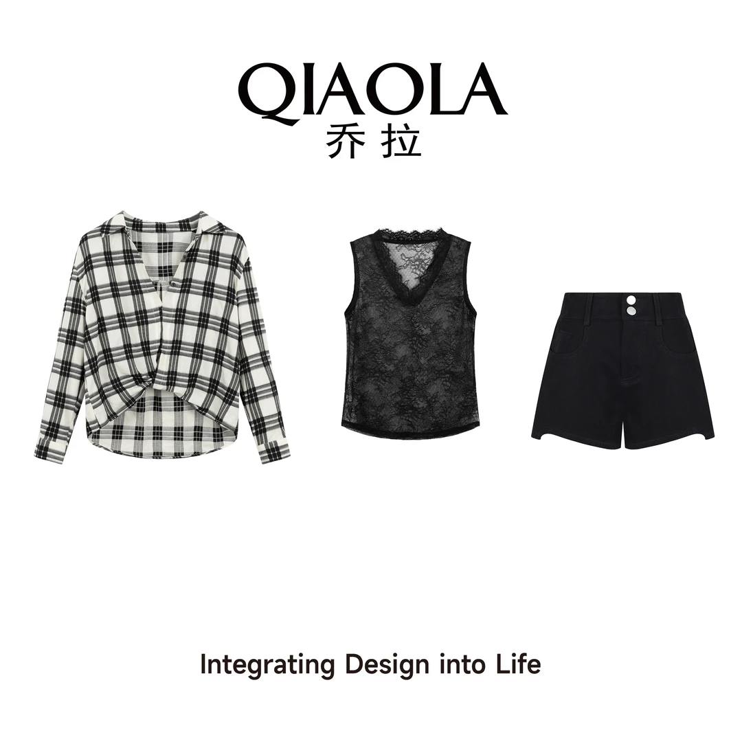 QIAOLA/乔拉【夏日街角】春夏格纹衬衫蕾丝打底牛仔半裙三件套预售