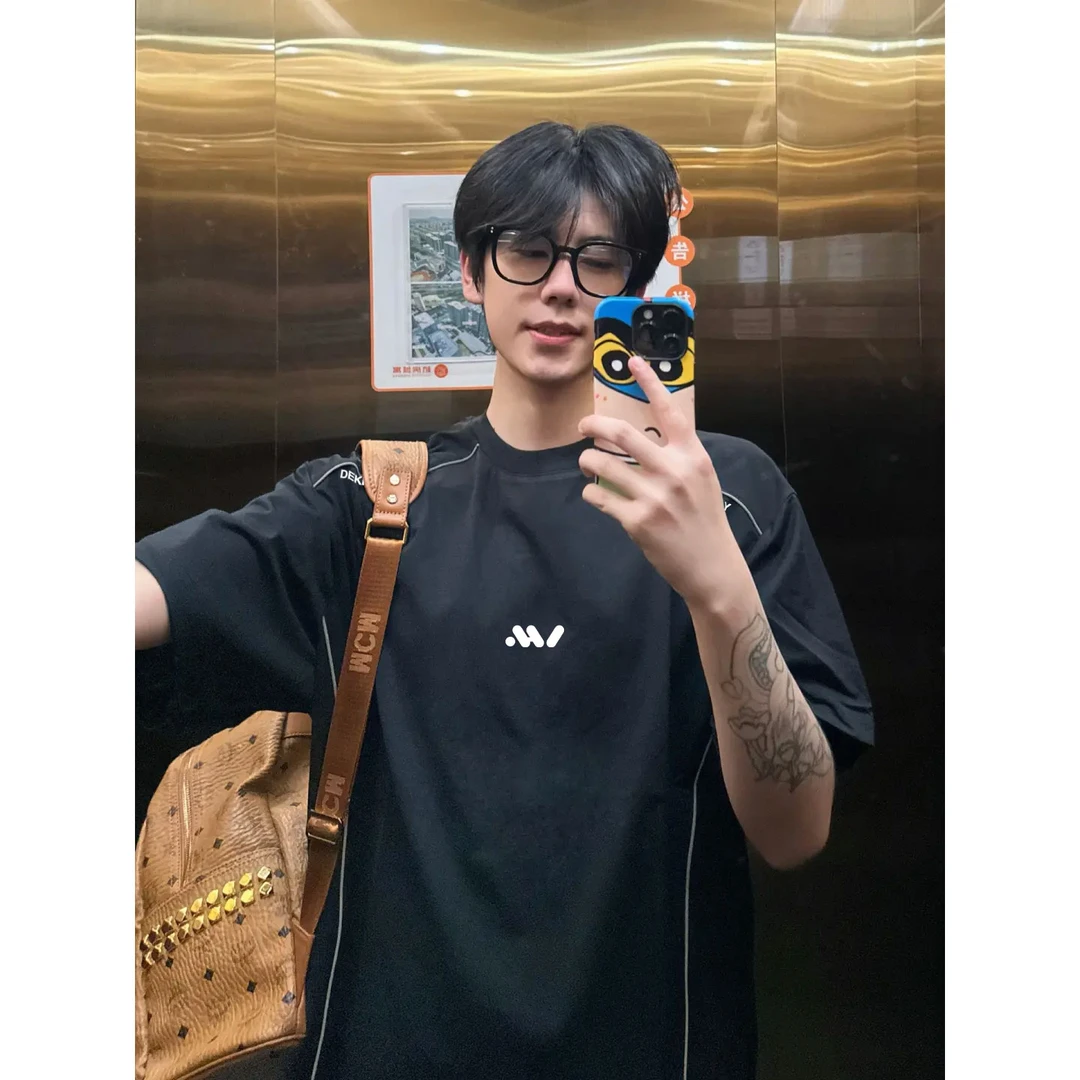 100%纯棉美式字母印花设计感反光线条短袖t恤男女夏宽松情侣上衣