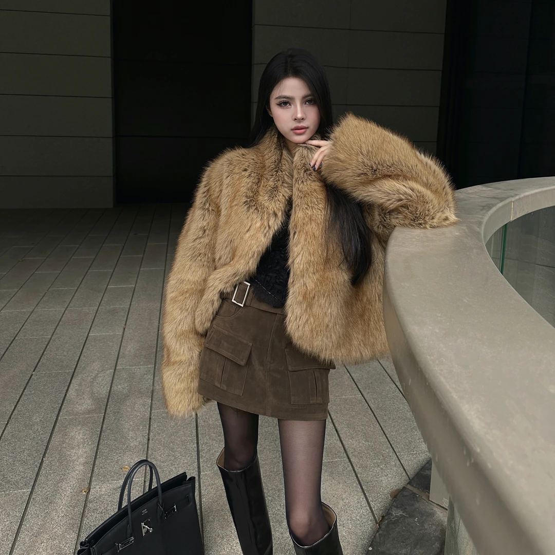人造皮草 老钱高级感晕染渐变仿狐狸毛皮草加厚百搭立领短款外套