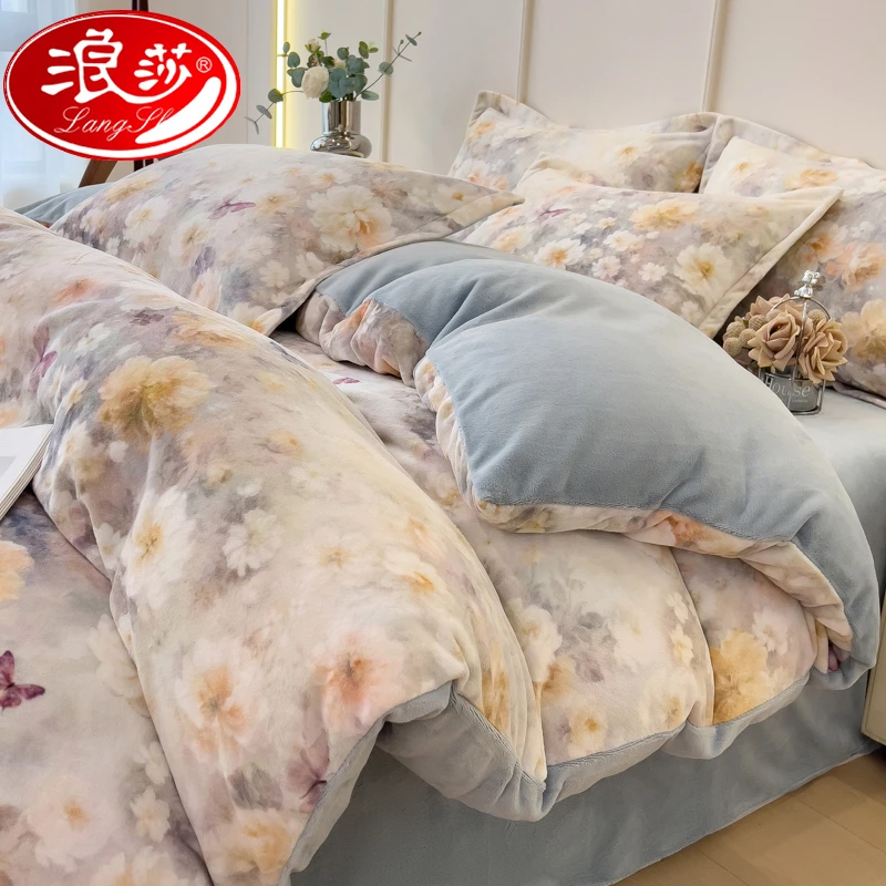 浪莎2025新款牛奶绒床上四件套冬季双面绒被套珊瑚绒床单保暖床品
