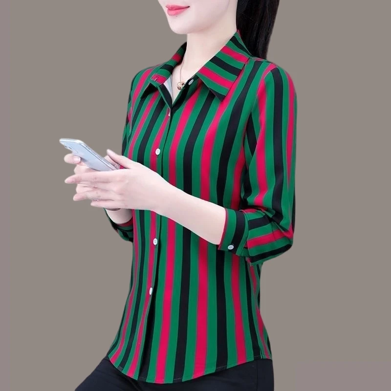 衬衫显瘦气质衬衣长袖洋气打底条纹韩版春秋时尚休闲百搭夏季宽松