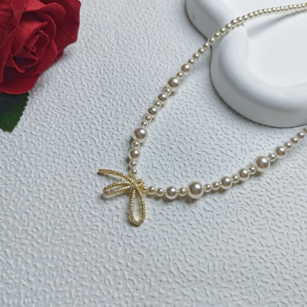 铜合金仿珍珠项链 大小珠蝴蝶结项链优雅气质法式经典轻奢