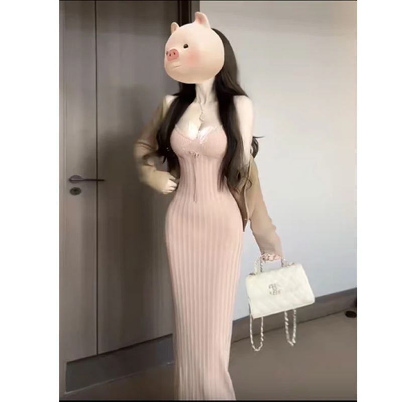 2025春季新款纯欲风粉色针织吊带连衣裙子女装高级感外搭开衫套装