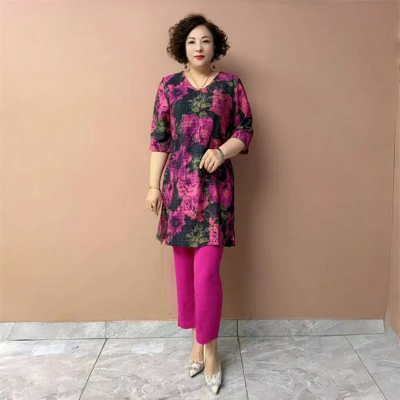 高端夏季时尚气质妈妈宽松遮肉中长款大版衬衫小脚裤两件套装