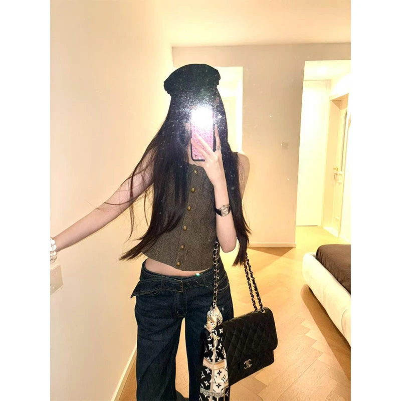 2025秋季新款修身显瘦复古条纹背心上衣休闲简约时尚牛仔直筒长裤