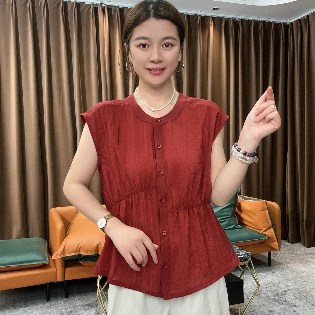 夏季新款时尚百搭洋气减龄收腰设计显瘦女士短袖气质圆领百搭上衣