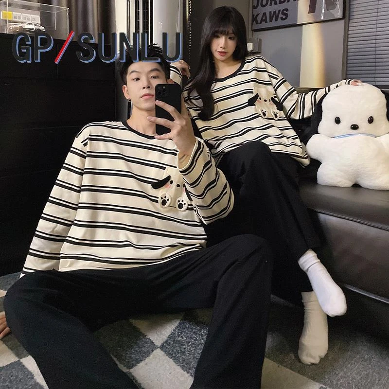 日本小众GP带胸垫睡衣女款春秋冬季棉质长袖情侣条纹卡通男士家居
