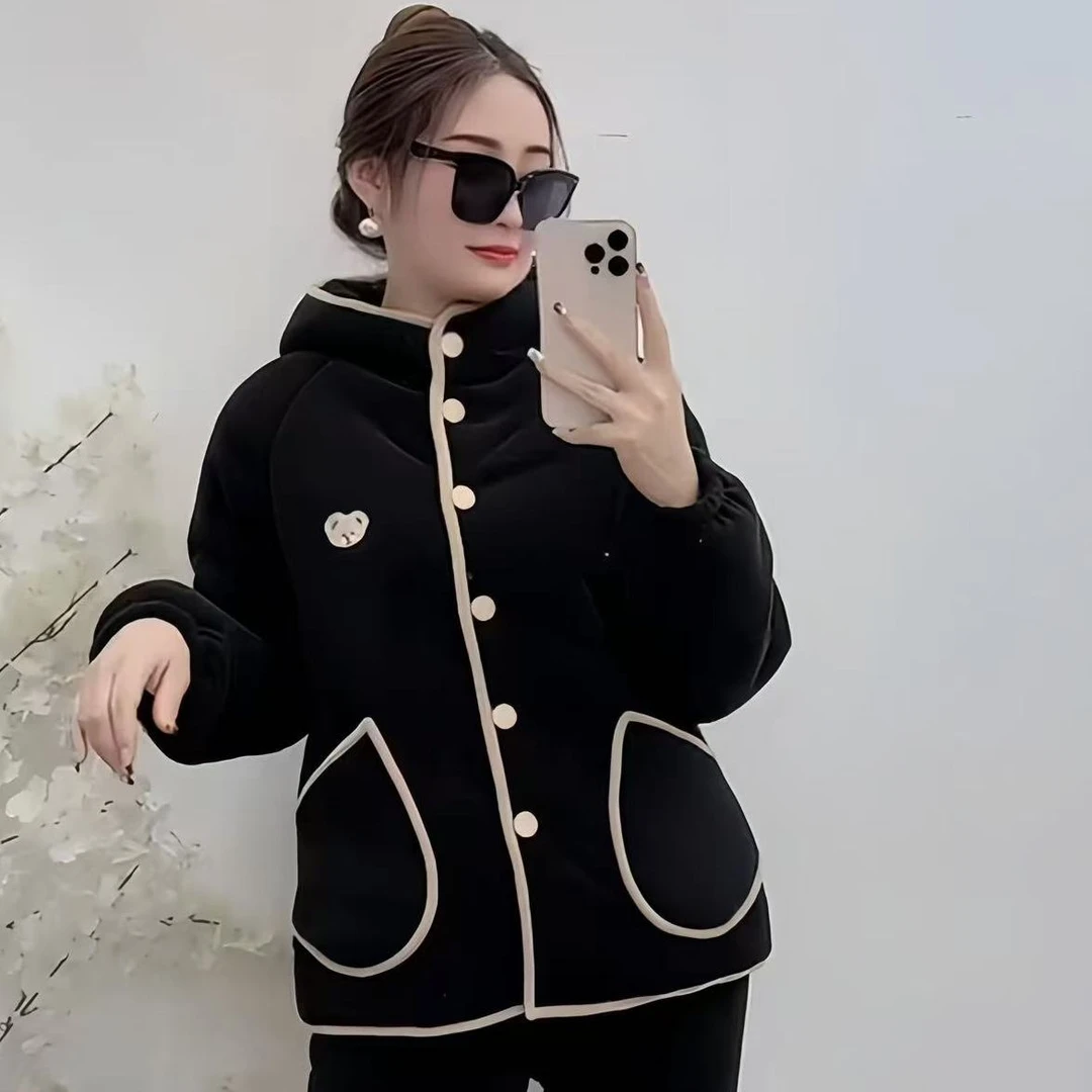 6603 花嫂睡衣冬季新款成人海豚绒刺绣小熊连帽家居服套装