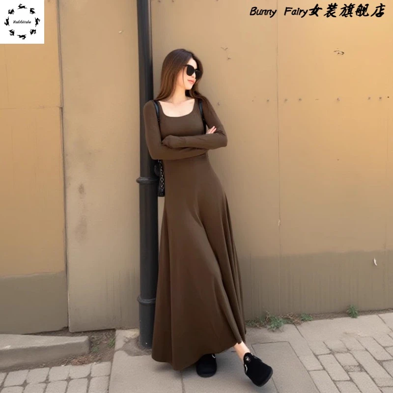 【270克女磨毛】秋日纸片人/显瘦显高u领简约新款大A连衣裙秋