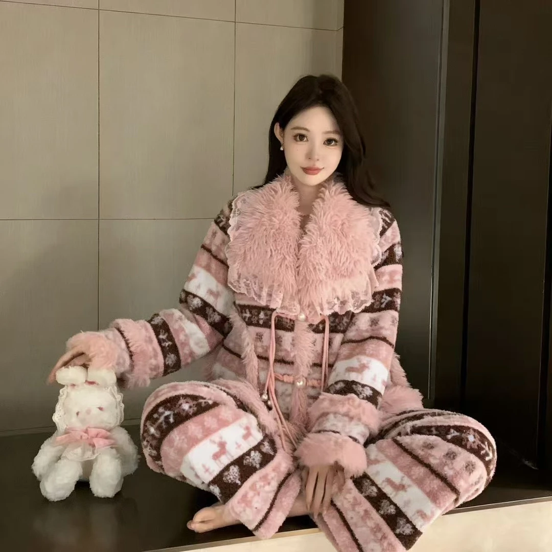 彭裳裳【粉雪菱棕】冬装上新女士潮流保暖绒加厚睡衣舒适百搭居家服