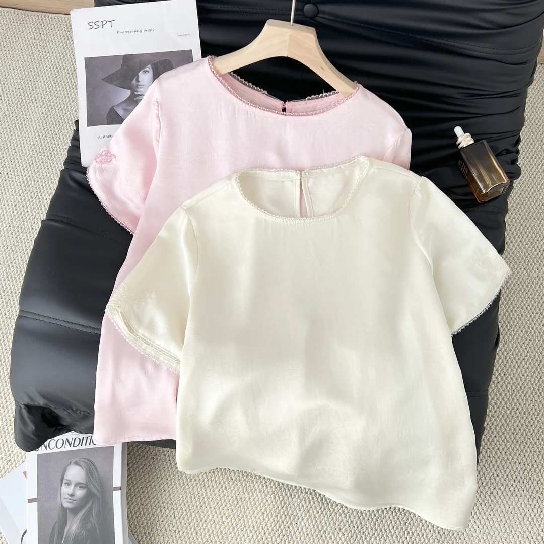 新中式国风夏季新款百搭气质圆领短袖小花边上衣T恤