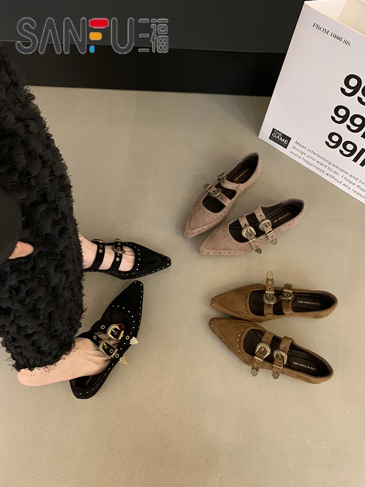 三福复古尖头浅口内增高单鞋女2025新款设计感晚晚风铆钉玛丽珍鞋