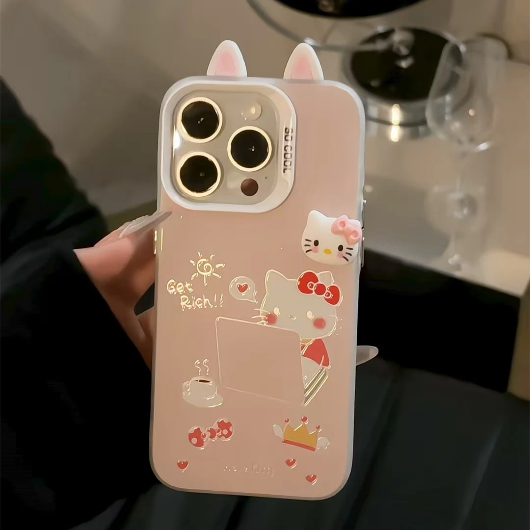 工作凯蒂公仔适用苹果17华为p70vivo小米15oppo磨砂彩银手机壳