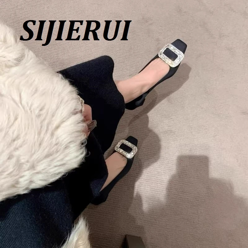 SIJIERUI2025年春夏新款浅口单鞋女方扣水钻粗跟瓢鞋中跟高跟鞋女