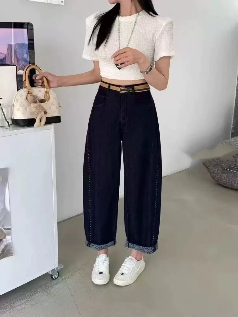 深色哈伦牛仔裤女夏季高腰小个子显瘦宽松百搭休闲九分阔腿裤1943