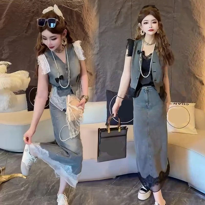 欧洲站2025夏季新款时髦牛仔裙套装女无袖马拼接蕾丝高腰两件套