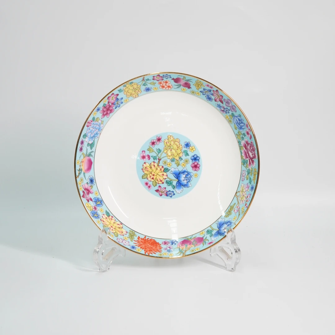 梦婧家用陶瓷8寸浅青百花齐放深盘中式手工圆盘子碗盘餐具珐琅彩