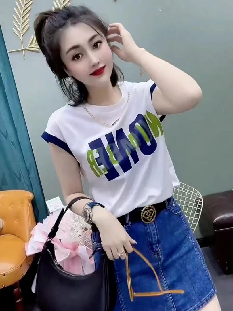 欧货字母印花拼蕾丝短袖T恤女大码夏季新款宽松百搭镂空后背上衣