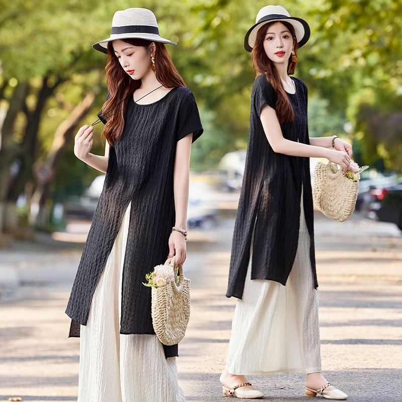 时尚休闲套装女2025夏季新款高级感宽松遮肉显瘦洋气阔腿裤两件套