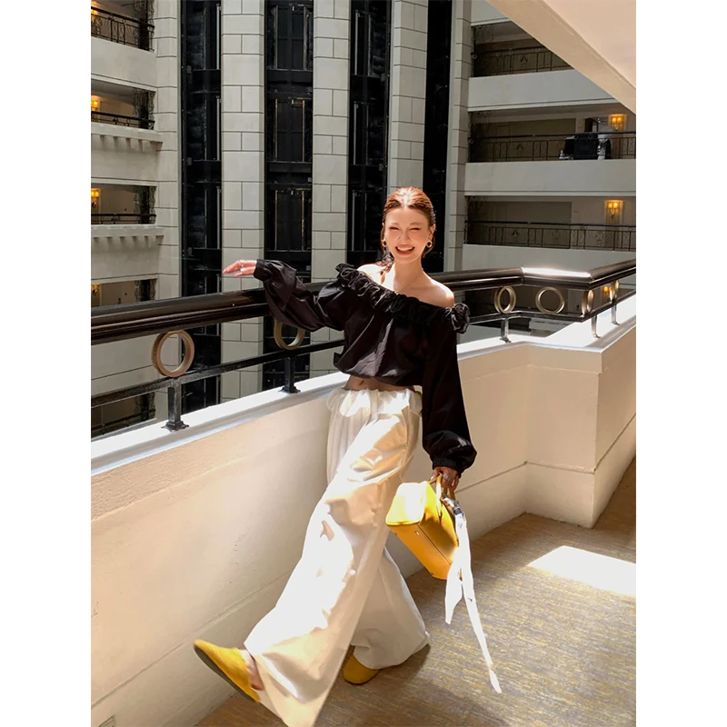 清冷气质显瘦穿搭一字肩秋季设计长袖衬衫高腰休闲阔腿裤套装女