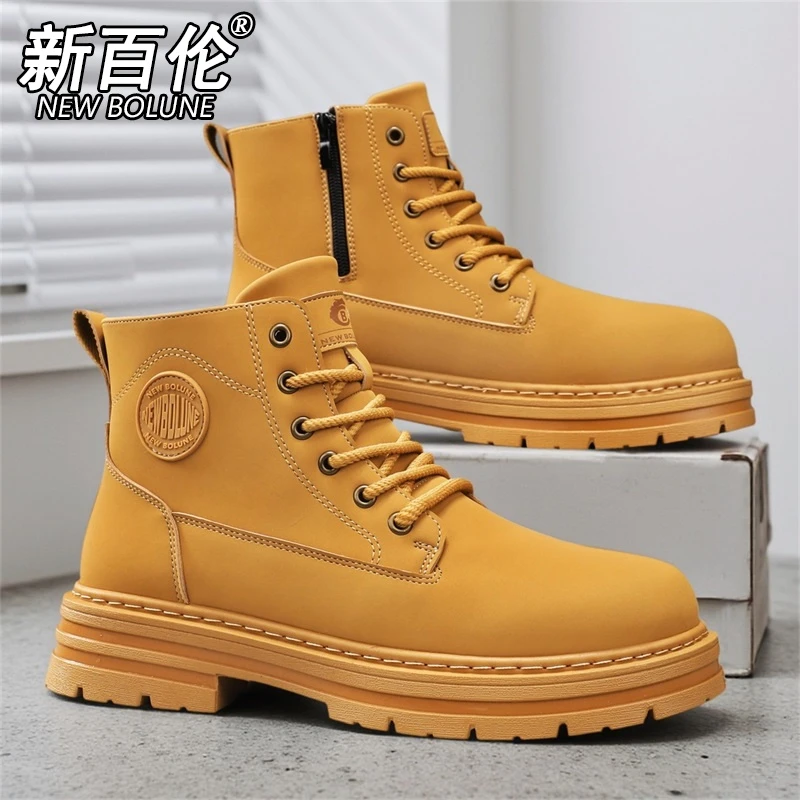 new bolune新百伦马丁靴男鞋百搭高帮厚底秋季大黄靴英伦风工装靴