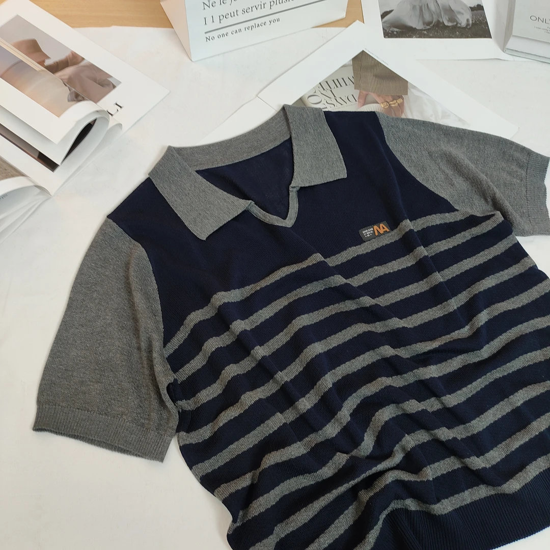 【例畔精选】夏季韩版时尚翻领气质字母标条纹撞色减龄针织衫A264#